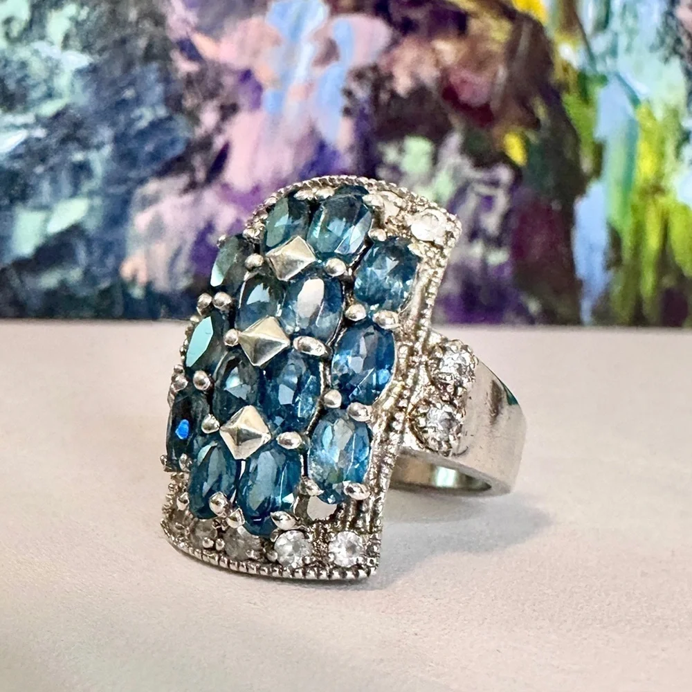 Swiss Blue Topaz / White Topaz Sterling Silver Ring (6.5)